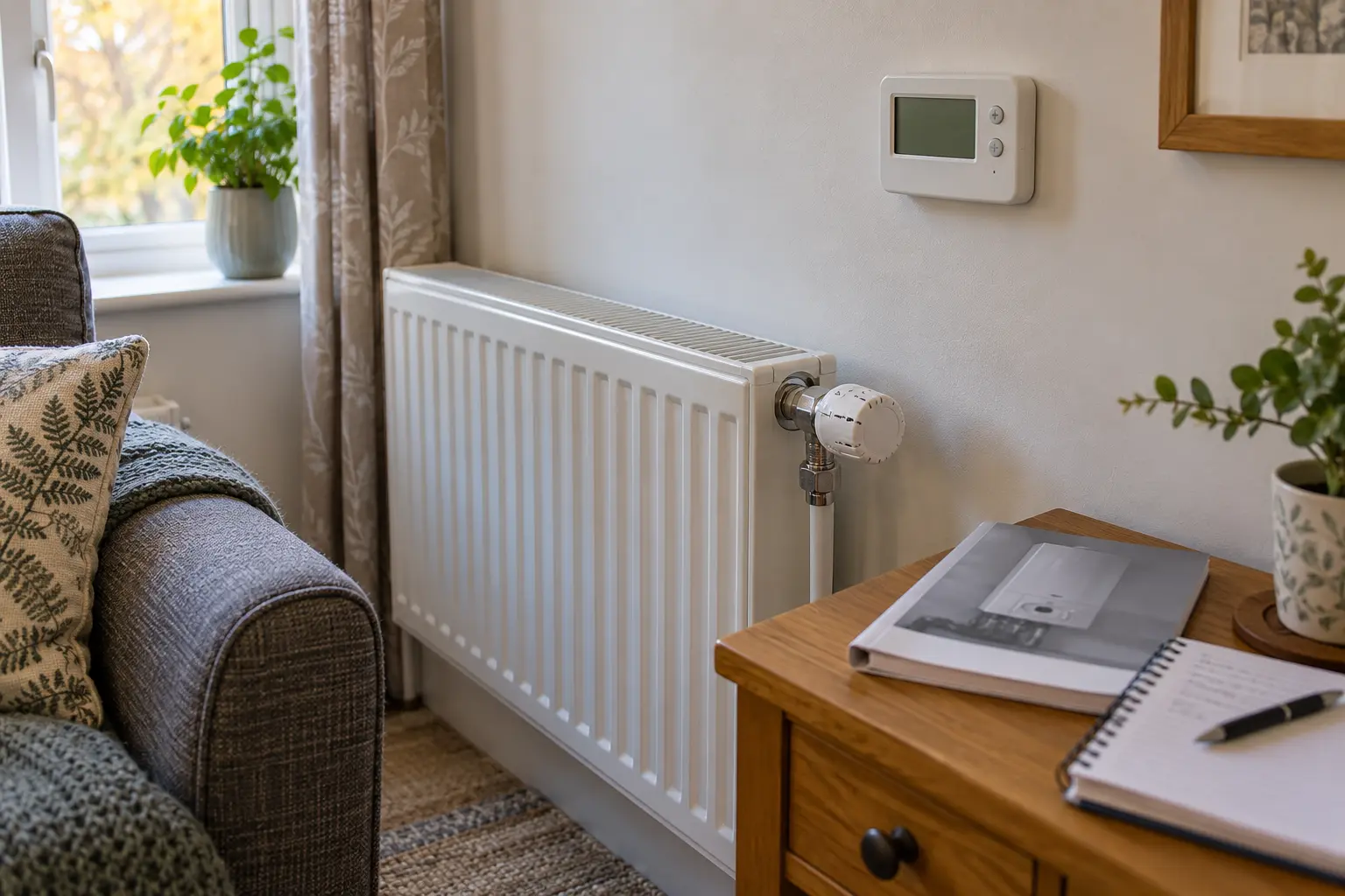 Editorial image of a radiator, thermostat and boiler handbook in a British home